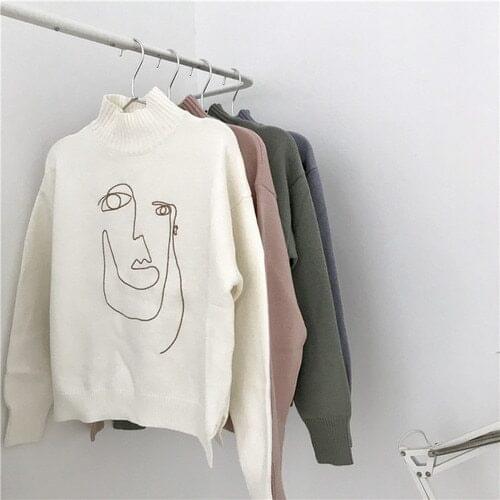 Character Embroidered Sweater Woman High Collar Long Sleeve Knit Wool Pullover Spring and Autumn 2019