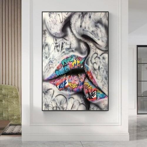 Abstract Street Wall Art Kissing Lover Graffiti Posters and print Oil Paintings on Canvas Wall Art Picture for Home Decoration