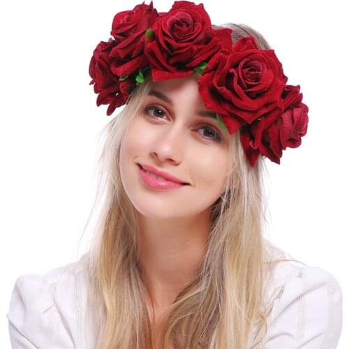 HOOH Women Wedding Flower Crown Headbands Girls Boho Bride Hairband Hair Bands Accessories Ribbon Bow Wreath Headband