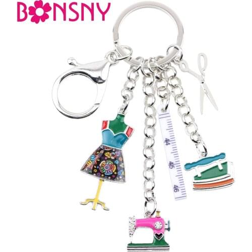 Bonsny Enamel Alloy Sewing Machine Tools Scissors Ruler Key Chains Keychains Pendant Novelty Jewelry For Women Girls Charms Gift