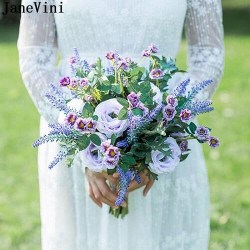 JaneVini fiori sposa Purple Boquet Wedding Bouquet Accessories Artificial Rose Dried Flowers Bridal Bouquet Wedding Bride Brooch
