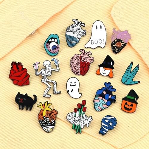 2-7pcs/set Personality Enamel Pins Halloween Skull Ghost Brooches Art Medical Heart Mental Brooch Jeans Lapel Badges Pin Jewelry