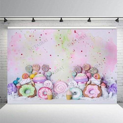 Cotton Candy Bar Lollipop Donuts Pink Birthday Photography Backgrounds Customized Photographic Backdrops For Photo Studio