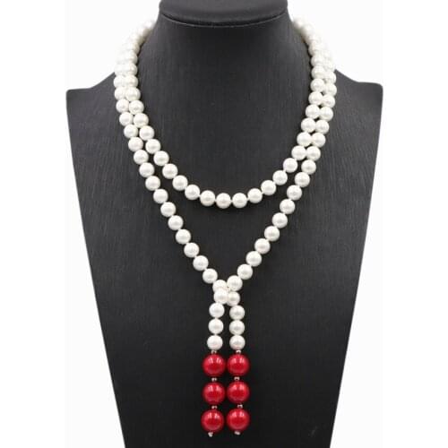 Long Chain Tassel Pendant Necklace Simulated Pearl Necklaces for Women Round Artificial Coral Glass Pearls Bride Chains 34" A740