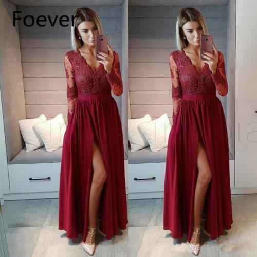 Burgundy Long Sleeve Evening Dresses Long 2019 abiye gece elbisesi A Line Side Split abendkleider Chiffon Formal Prom Dress