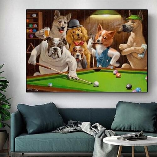 HD Art Painting Funny Dog Playing Billiards Canvas Painting Posters and Prints Family Living Room Wall Decoration Cuadros