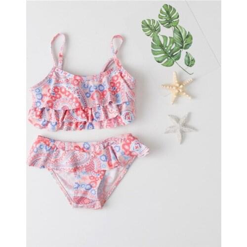 New Summer Girls Close-fitting Elastic Flower Printed Swimsuit Girls Split Two-pieces Swimwear Children Infantil Bikini Wholes