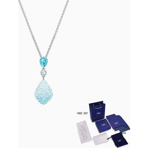 Fashion SWA New FUN White Gold Pendant Necklace Navy Blue Elegant Water Drop Decoration Girlfriend Luxury Romantic Jewelry Gift