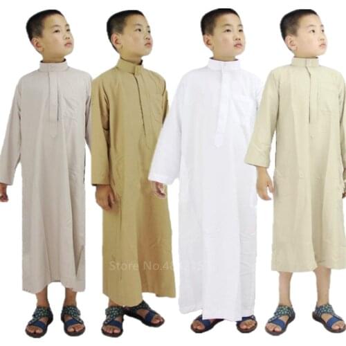 Boys Jubba Thobe Islamic Clothing Saudi Arabia Solid Muslim Kaftan Kids Brother Abayas Long Sleeve Arab Middle East Robes
