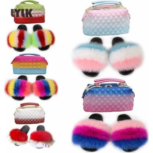 New Summer Women Soft Fox Fur Slippers Ladies Fluffy Furry Slides Female Color Jelly Handbag Set Girls Matte Clutch Bag Purses