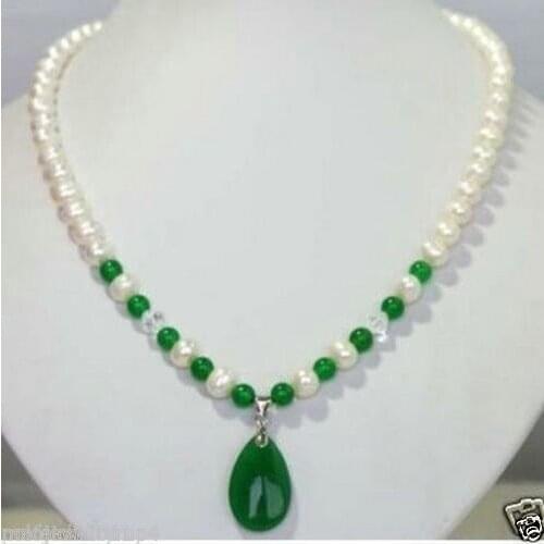 New Jewelry White FreshwaterPearl & green jadePendant Necklace