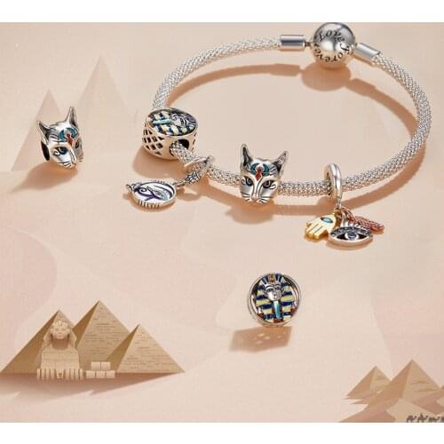 WOSTU New 925 Sterling Silver Charm Egypt Bastet & Twin Eyes Bead Pendant Fit Original Bracelet Necklace For Women Jewelry