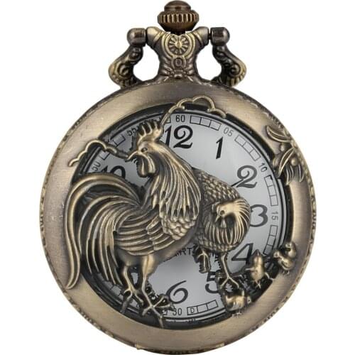 Hollow Rooster Quartz Pocket Watch The Chinese Zodiac Vintage Bronze Steampunk Pocket Watches Bronze Chain Pendant Clock