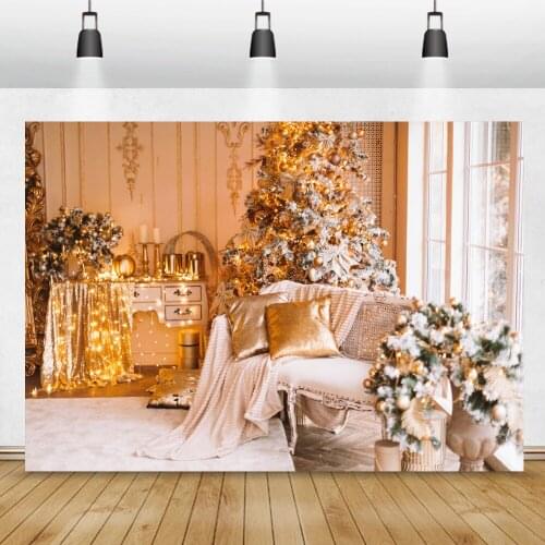 Christmas Living Room Backdrops For Photography Golden Tablecloth Table Glitter Lights Sofa Tree Party Photographic Background