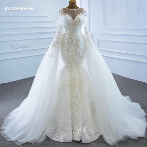 RSM67179 White Sexy Charming Long Sleeve Lace Bridal Wedding Dress 2021 Sweetheart Fishtail Applique Decoration Trailing Gown