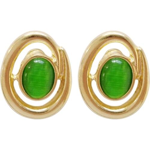 Vintage Gold Color Oval Green Stone Earrings On Ear Clips Korean Simple Round Opal Clip Earrings without piercing For Women