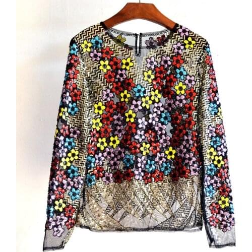 Women Shirt Summer Long Sleeve Embroidery Sequin Bead Sheer Lace Mesh Blouse Camisas Mujer Sexy Body Top Blusa Feminina