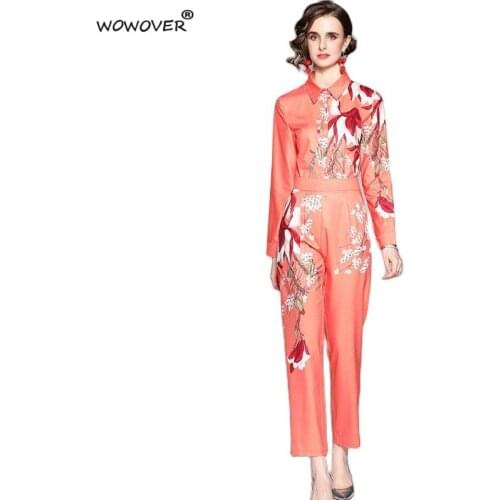 Europe Fashion Autumn Woman Pants 2 Piece Set Runway Elegant Long Sleeve Floral Print Blouse and Trousers Suit Lady Party Outfit