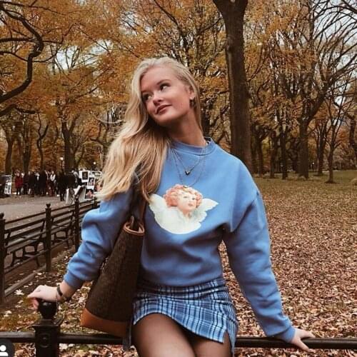 Calelinka 2021 Autumn Winter Angel Print Cute Sweatshirts For Women Loose Long Sleeve Crewneck Vintage Style Thick Warm Pullover