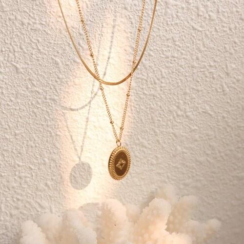 Stainless Steel Multi Layered Bladed Snake Chains Beaded Chain Choker Necklace Oval Shaped Metal Pendant Necklaces For Women