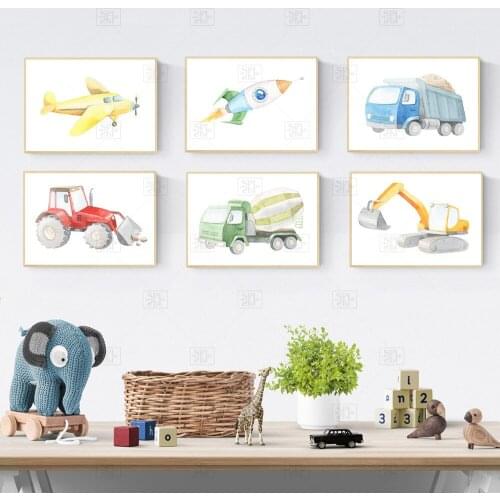 Trucks Car Poster Aircraft Canvas Painting Construction Vehicles Art Print Posters Nursery Decor Wall Posters For Baby Boy Room