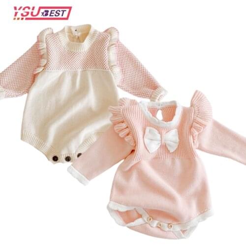 Newborn Rompe Toddler Baby Girl Knitt Romper Princess Bow Autumn Winter Infant Baby Girls Jumpsuit Baby Girls Knitting Clothes