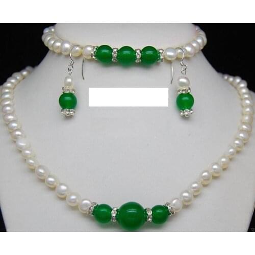 Natural 7-8mm White Pearl & Green Jade Gems Necklace Bracelet Earring Set 18"7.5