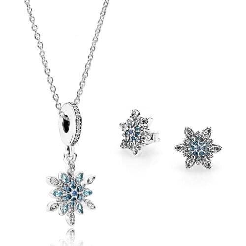 NEW 100% 925 Sterling Silver 1:1 Genuine Glamorous Crystal Snow Ear Studs Pendant Necklace Jewelry Set Original Women Jewelry