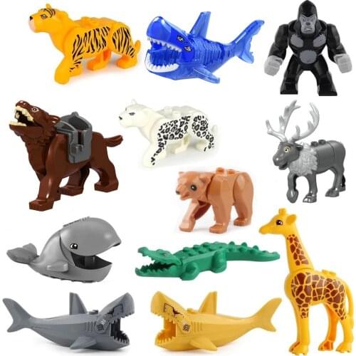 Building Bricks Animals Tiger Leopard Elephant Wolf Shark Whale Kids Toys Juguetes Figures Compatible with Legoing Playmobil