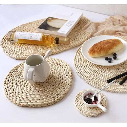 Round Rattan Placemats Natural Corn Straw Woven Dining Table Mats Heat Insulation Pot Holder Cup Coasters Kitchen Accessories