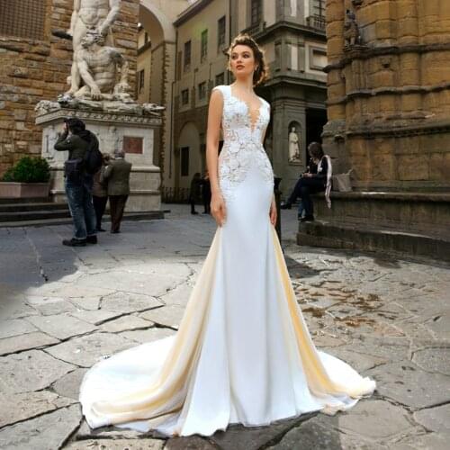 Cap Sleeves Lace Applique Mermaid Slim Sleeveless Wedding Dress See Through Full Back Bridal Dress vestidos de novia cortos