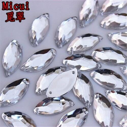 Micui 100pcs 10*20mm Leaf Shape Clear Sewing Acrylic Rhinestones Sew On Crystals Stones Flatback Strass Beads For Crafts ZZ661A