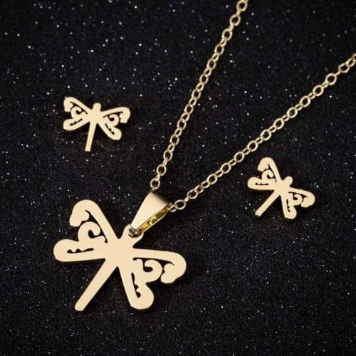 Fashion Gold Color Dragonfly Stud Earrings Animal Necklace Pendant for Women Stainless Steel Jewelry Set Ladies Gift