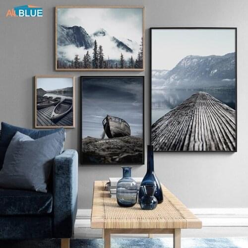 Foggy Mountain Lake Boat Nature Scenery Nordic Posters Canvas Painting Wall Art Landscape Prints Pictures For Living Room Decor