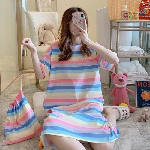 Norns Multi-style Nightdress Female Summer Korean Knitted Cotton Home Service Sweet Cartoon Pajamas Loose Large Size