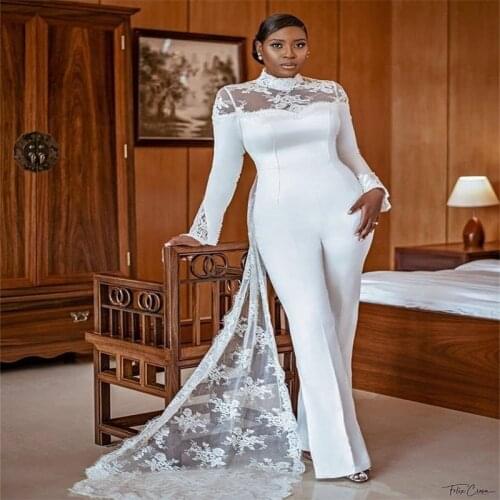 Newest Jumpsuit Evening Dresses Chic Lace Appliqued Long Sleeves Sweep Train Party Gowns Custom Made Plus Size Robe de mariée