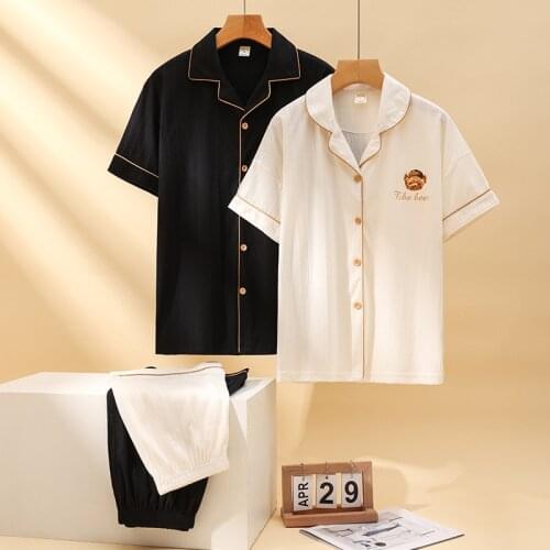 New Cotton Couple Pajama Set 100% Cotton Pijamas Women and Men Short Sleeve & Shorts Sleepwear Soft Pyjamas Women Homewear