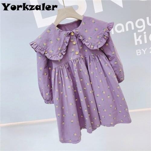 Girls Dress Long Sleeve Fashion Turn-down Collar Dressing Children Clothes Purple Elegant Floral Dress Princess Dress