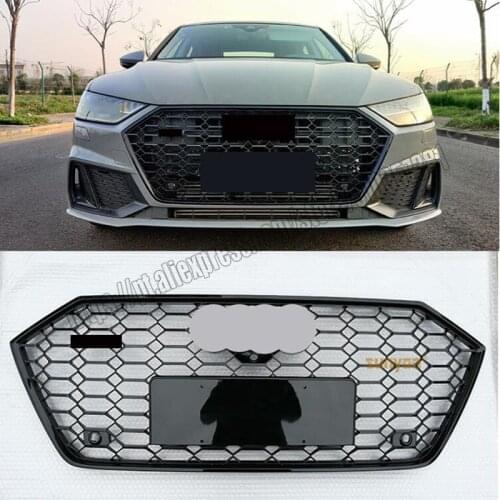 Rs7 style honeycomb mesh grill for audi a7 s7 2019 2020 2021 shiny Black ABS front bumper hood racing grid