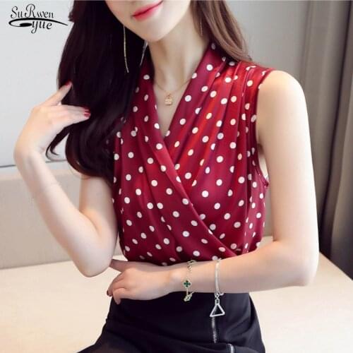 V-neck Female Shirts Casual Loose Tops Shirts Summer New Elegant Polka Dot Chiffon Blouses Women Sleeveless Femme Blusas 13120