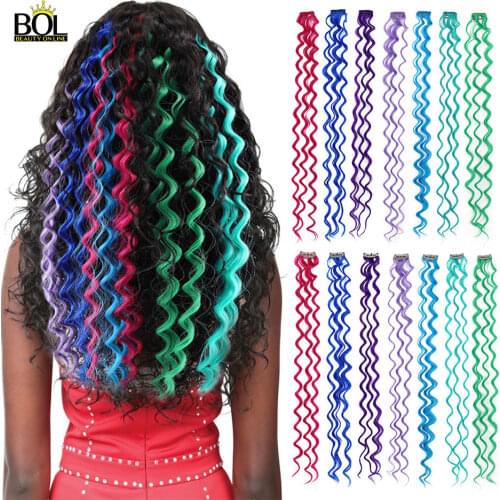 24'' Colored Hair Strands Synthetic Hair Extension Deep Wave Female Rainbow Hair Pieces One Clip 10 Pieces/Set Heat Resistant