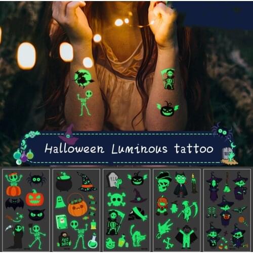 Halloween Tattoo for Children Glowing Dark Taty Waterproof Fake Luminous Tattoo Stickers Body Art Cartoon Tattoo 105*60 mm