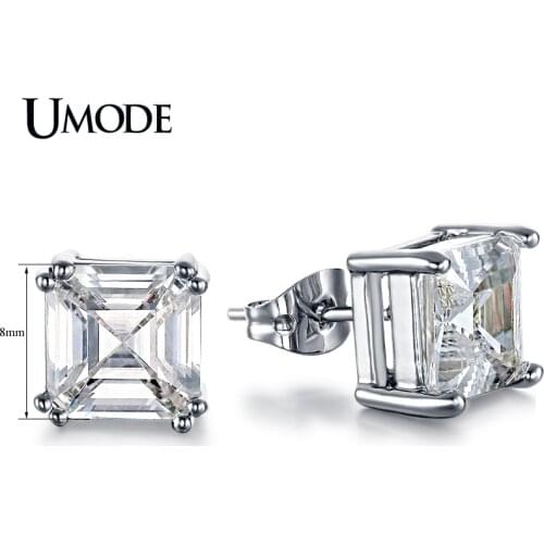UMODE 8mm 2.5 Carat Asscher Cut CZ White Gold Color Cubic Zirconia Post Stud Earrings Set Fashion Jewelry for Women UE0187B