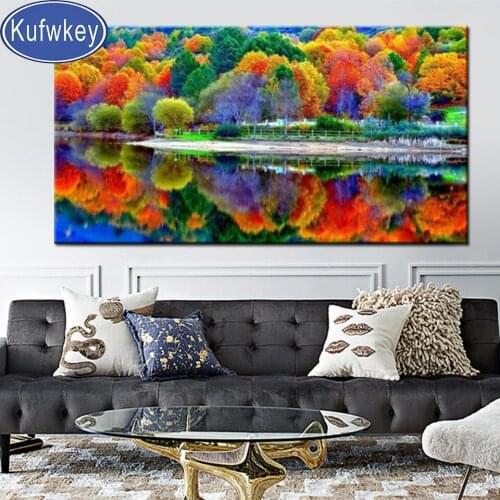 Cross Stitch,diamond embroidery Autumn Landscape diamond painting full square round drill diamond mosaic Tree Lake Decor