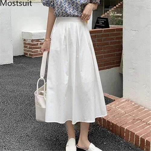 Korean Solid A-line Women Long Skirt High Waist Vintage Fashion Female Skirt Femme 2021 Summer
