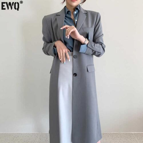 [EWQ] Korea Chic Autumn Casual Trendy Women Lapel Single-breasted Belt Loose Fashion Long-sleeved Windbreaker 2021 16E1972