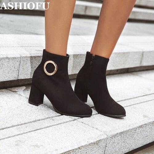 ASHIOFU New Handmade Womens Chunky Heels Boots Metal-rings Deco Party Prom Ankle Booties Evening Club Fashion Short Black Boots