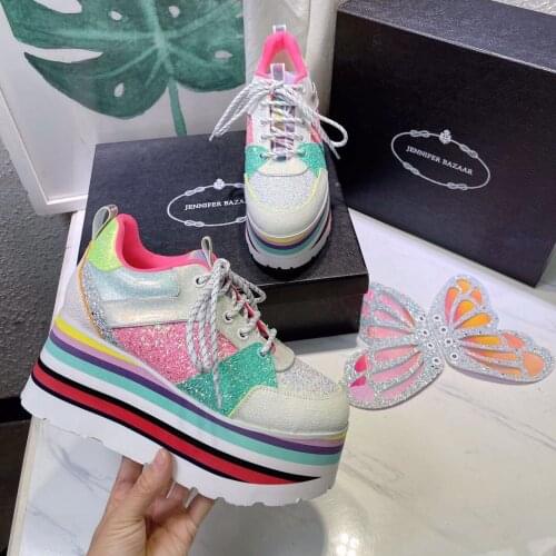 Women High Platforms Shoes Casual Lady Thick Soled Chunky Shoes Fashion Lace-up Height Increasing Blingbling Sequin Sneakers