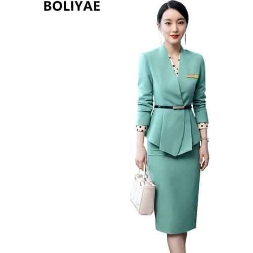 Boliyae Business Blazers and Skirt Set Womens Spring Autumn Long Sleeve Elegant Suits and Pants Office Jackets Ladies Work Wear