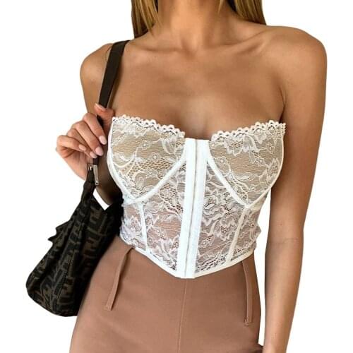 Women Sexy Crop Top Fashion Strapless Lace Hem Backless Tube Top Solid Color See-through Tank Top Woman Cute Vest Chic Clothes